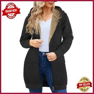 Plus Size Long Tunic Fleece Hoodie Jacket Warm Winter Outerwear
